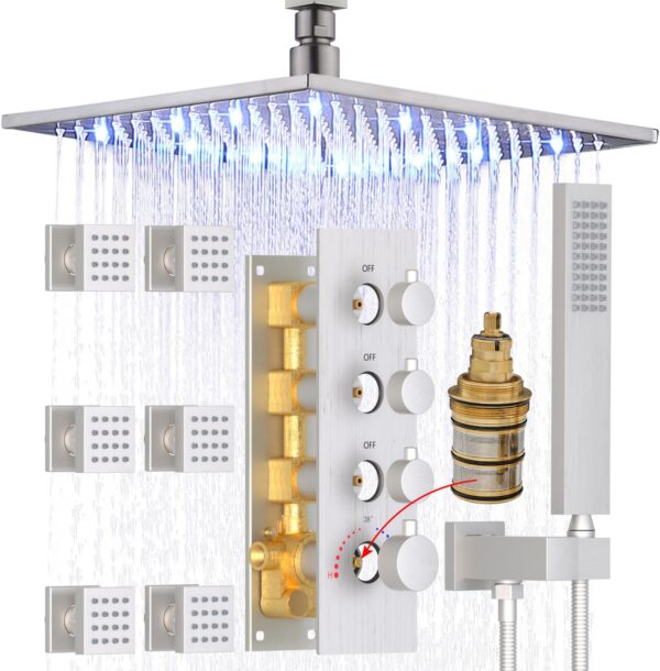 HOMEDEC Luxury LED Rainfall 16inch Shower Head System Brused Nickel with Body Spray Brass Faucet Combo Set, Large Flow, Can Use All Functions At a Time