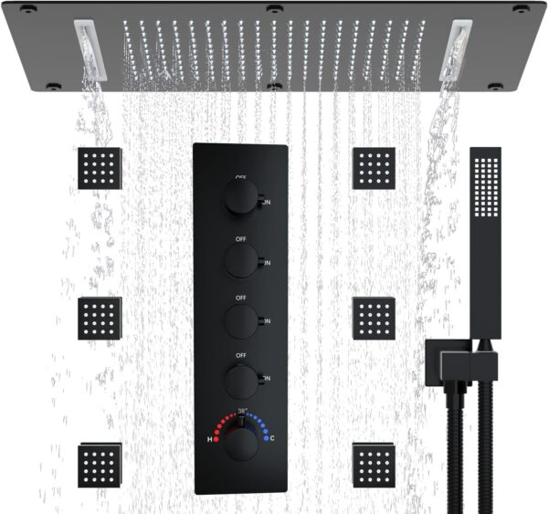HOMEDEC Thermostatic Rain Waterfall Shower System, 2 Functions Shower Head System with Body Spray Jets Ceiling Black Shower Faucet Set Complete with Valve Can Use All Function At Once