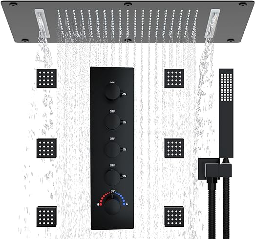 HOMEDEC Thermostatic Rain Waterfall Shower System, 2 Functions Shower Head System with Body Spray Jets Ceiling Black Shower Faucet Set Complete with Valve Can Use All Function At Once