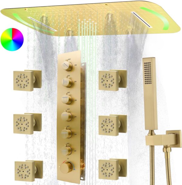 HOMEDEC LED 17x28inch Multi Function Shower System with 6 Pcs 2-Function Shower Body Jets Sprays, Luxury Ceiling Rainfall Mist Shower Faucet Set Complete, Brushed Gold