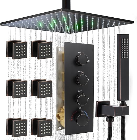 HOMEDEC Oil Rubbed Bronze Brass Shower Faucet Set Complete, 12inch LED Ceiling Shower Head System and Body Jets with Thermostatic Valve Trim Kit, Can Use Together