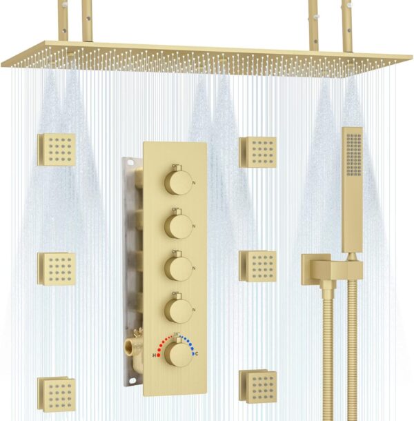 Brushed Gold Mist Ceiling Shower System with 15.7 X 31.5inch Large Dual Function Rainfall Shower Head and Thermostatic Shower Valve and 6pcs Shower Body Jets and Handheld Spray HOMEDEC