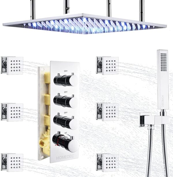 20inch Thermostatic Shower Faucets Complete Set, HOMEDEC Brass Luxury LED Rain Shower System with 6 Full Body Jets, Can Use 3 Functions Once Time, Ceiling Mount