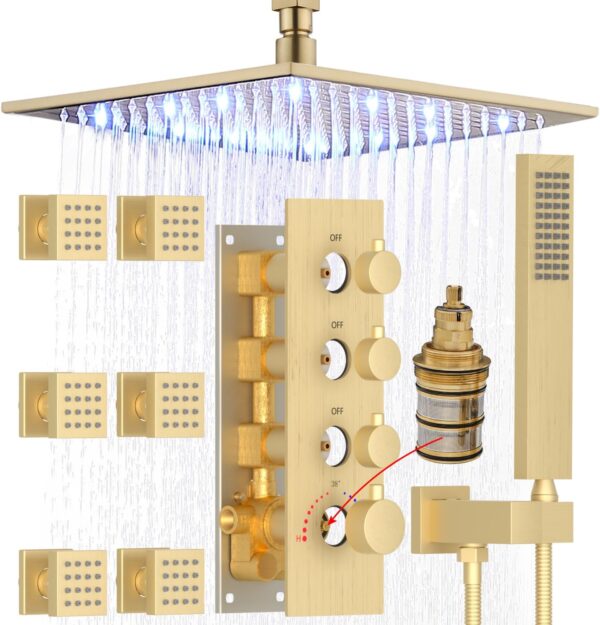 HOMEDEC Luxury Ceiling LED Shower System with Jets, Brushed Gold 12inch Rain Shower Body Spray System Brass Shower Faucet Combo Set, Large Flow, Can Use All Functions At a Time