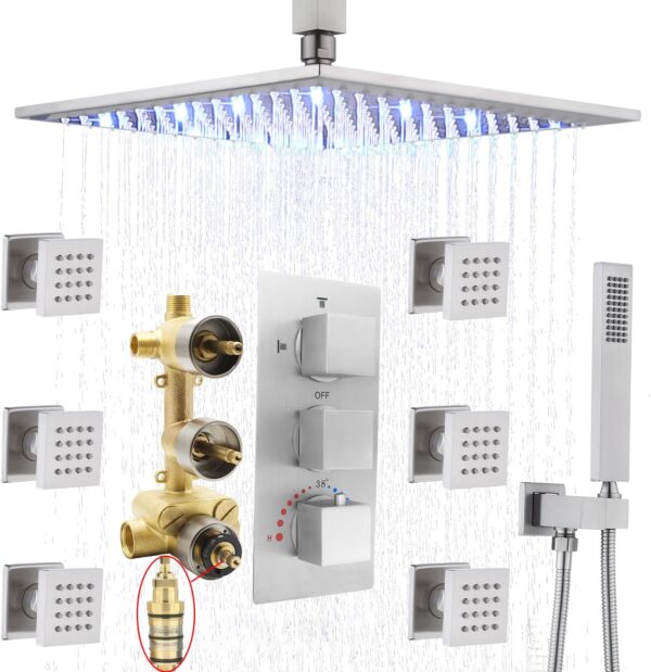 HOMEDEC Multi Shower Head System with 6 Body Sprays Jets, Thermostatic Ceiling 16 Inch LED Shower Faucet System with 3 Ways Shower Valve, Brushed Nickel