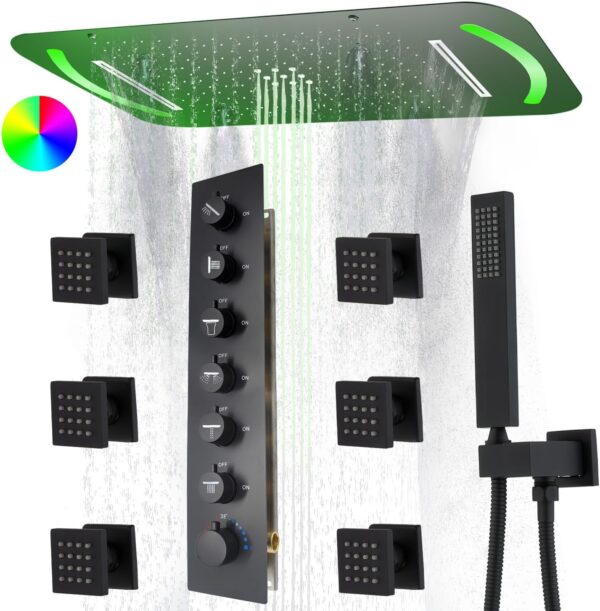 4 Functions LED Shower Head System with Rain Shower with 6pcs Body Jet Spray, 27.95inch Rainfall Shower Faucet Set Complete with 6 Way Thermostatic Shower Valve Kit(with Shower Print), Black
