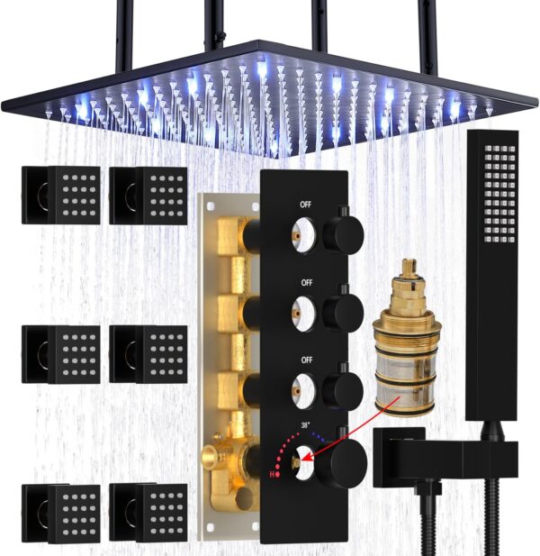 HOMEDEC Matte Black 20inch Ceiling Shower Jets System, LED Luxury Brass Shower Faucets Sets Complete with Rough-in 3 Way Thermostatic Valve and Handheld