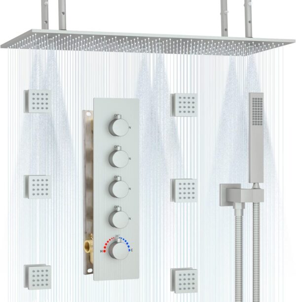 HOMEDEC Brushed Nickel Rainfall Mist Luxury Shower System - Super Large 15.7 X 31.5inch Dual Function Ceiling Shower Head with Body Jets and Handheld Spray Thermostatic Shower Set