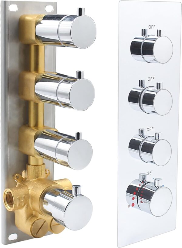 HOMEDEC 3-way Brass Thermostatic Shower Valve Kit, Shower Diverter Flow Control Replacement Valve for Shower System (Concealed Vertical installation, Chrome)