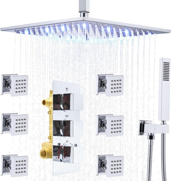 Luxury Chrome Thermostatic Shower System with Body Jets, 12" Ceiling Rainfall Shower Faucet Fixtures Set with Mixer Valve and Handheld Brass Shower Combo Kit for Modern Bathroom