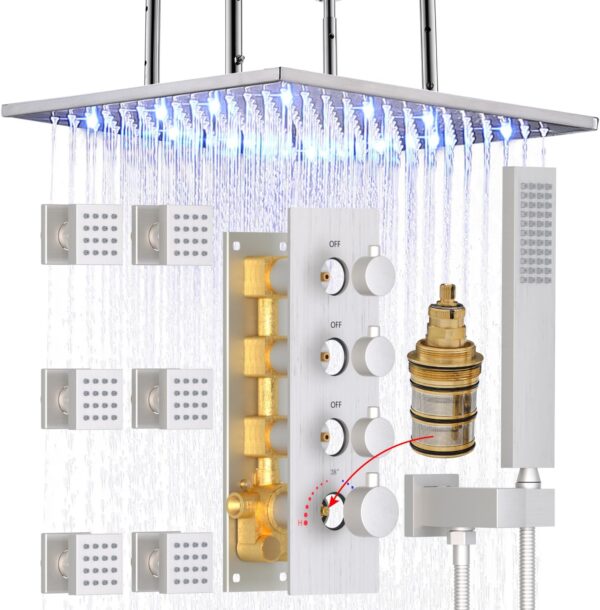20inch Brushed Nickel Ceiling Shower Jets System, HOMEDEC LED Rainfall Shower Head System with 6pcs High Pressure Body Sprayers and Handheld
