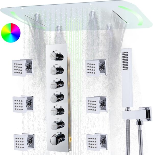 HOMEDEC 4 Functions LED Shower Head System with Rain Shower with 6pcs Body Jet Spray, 27.95inch Rainfall Shower Faucet Set Complete with 6 Way Thermostatic Shower Valve Kit, Chrome