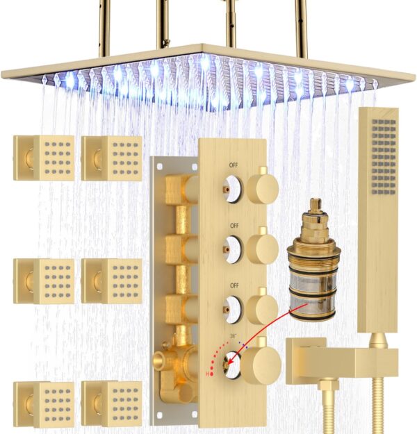 HOMEDEC 20inch Extra Large Full Body Shower System Bathroom Luxury Shower Combo Set, Ceiling Shower Jets System With 6pcs Body Spray And Thermostatic Shower Valve