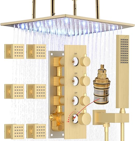 HOMEDEC 20inch Extra Large Full Body Shower System Bathroom Luxury Shower Combo Set, Ceiling Shower Jets System With 6pcs Body Spray And Thermostatic Shower Valve