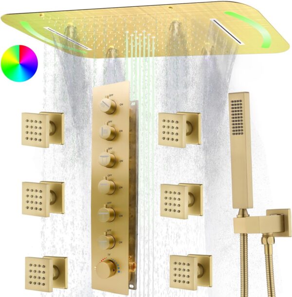 HOMEDEC 4 Functions LED Shower Head System with Rain Shower with 6pcs Body Jet Spray, 27.95inch Rainfall Shower Faucet Set Complete with 6 Way Thermostatic Shower Valve Kit, Brushed Gold