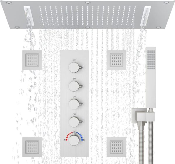 Brushed Nickel 14.96 x 27.56inch Rainfall Waterfall Ceiling Rain Shower System + 5 Handle Rough-in Shower Valve + 4pcs Large Shower Jets Sprayer