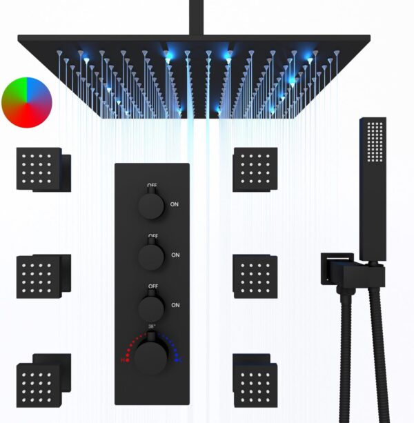Luxury Black Multi Shower Head System, HOMEDEC 16inch LED Full Rain Shower System with Body Jets, Rainfall Thermostatic Shower Large Flow, Can Use All Functions at A Time