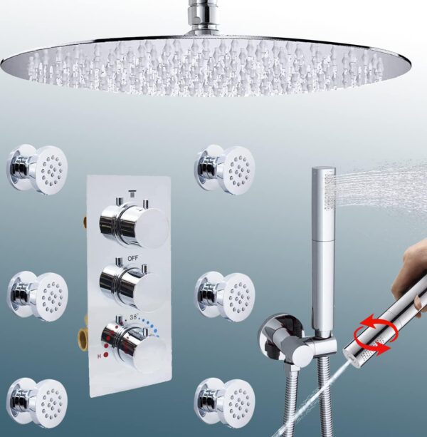 HOMEDEC Chrome Round Shower Faucets Complere Set - 16inch Thermostatic Rain Shower Full Body Spray System with Dual-fucntion Hand Shower