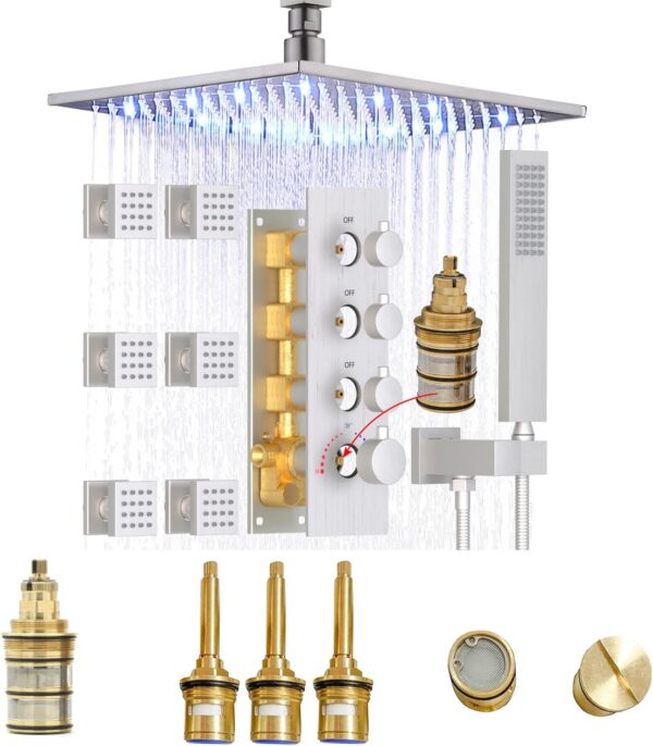 HOMEDEC Luxury LED Rainfall 16inch Shower Head System Brused Nickel with 4-handle Valve Replacement Full Set Backup