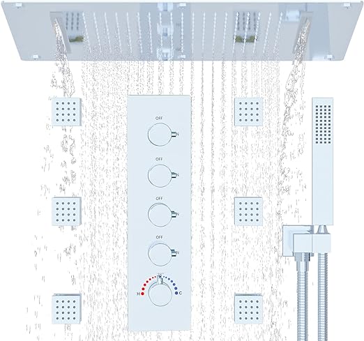 HOMEDEC Dual Function Rainfall Shower System with 6pcs Shower Jets(Adjustable), Large 14.96 x 27.56inch Ceiling Rain Shower with Thermostatic Rough-In Valve and Handheld Spray, Chrome