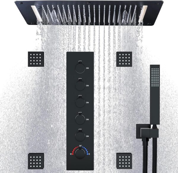 HOMEDEC Large 14.96 x 27.56inch Shower Jets Body Sprays System, Ceiling Rain Mist Shower Faucet Set Combo Kit with Brass Mixer Valve and Handheld, Matte Black