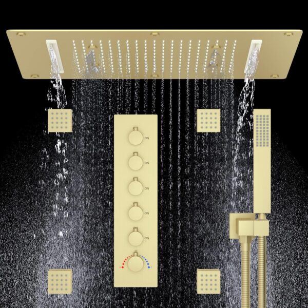 Brushed Gold Shower System with Body Sprayer Jet, Large 28inch Multi-function Shower Faucet Set Ceiling Rain Shower with Thermostatic Mixer Valve Combo Kit for Luxury Bathroom