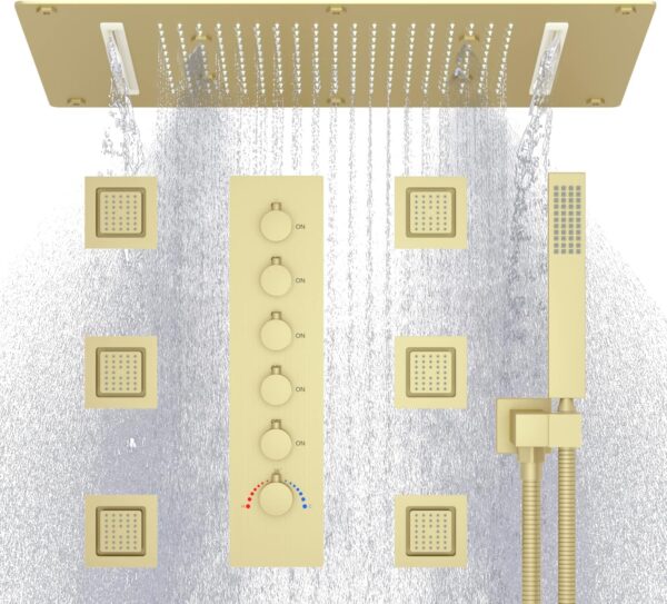 HOMEDEC Thermostatic Full Body Shower System with 14.96 x 27.56inch 3 In 1 Rain Shower Head with 6pcs Adjustable Large Body Jet with High-Pressure Handheld Sprayer, Brushed Gold