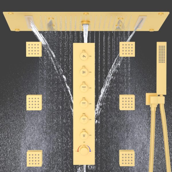 HOMEDEC Multi Shower Head System with Rain Shower and Handheld and 6pcs Body Jet Spray, 27.56inch Rainfall Shower Faucet Set Complete with 6 Way Thermostatic Shower Valve Kit, Brushed Gold