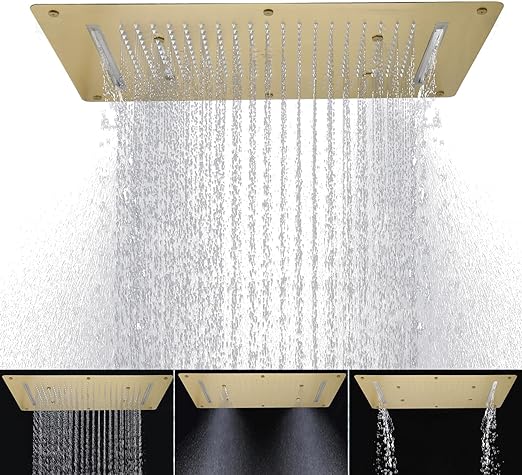 High-Pressure 3 Modes Settings Rain Shower Head, HOMEDEC 15x28inch Luxury Large Showerhead Shower Water Filter, Rainfall Spray Waterfall 3 In 1 Overhead Combo Set, Built In Install, Brushed Gold
