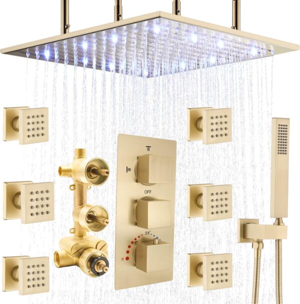 HOMEDEC 20inch Rain Shower Jets Body Sprays System, Thermostatic Shower Jet System with Rough-In 3 Way Valve, Led Color Changing with Water Temperature, Brushed Gold