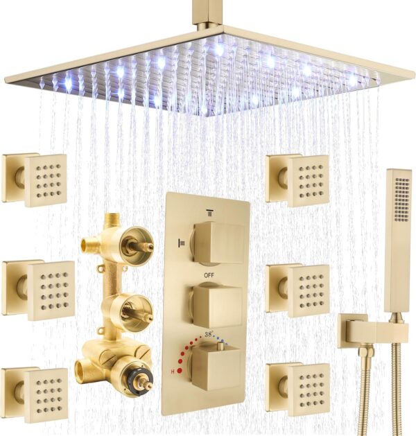 Brushed Gold Rain Shower System with Body Jet, HOMEDEC 12inch LED Rainfall Shower Head System Thermostatic Faucet Set with Body Spray and Handheld