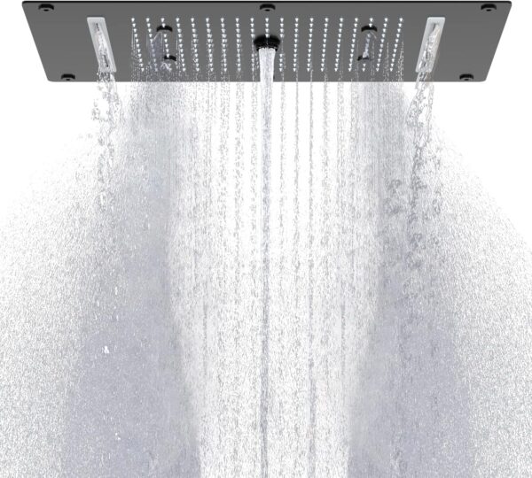 Matte Black 4 Functions Rain Shower Head, 14.96 x 27.56inch Shower Overhead includes Mist, Waterfall, Rain and Water Column Models, Rectangle Rainfall Shower Head Ceiling Mount for Bathroom