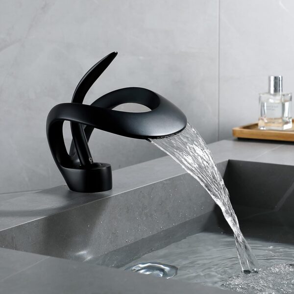 Homedec Black Waterfall Bathroom Faucet Single Handle Modern Bathroom Sink Faucet in Solid Brass Unique Design
