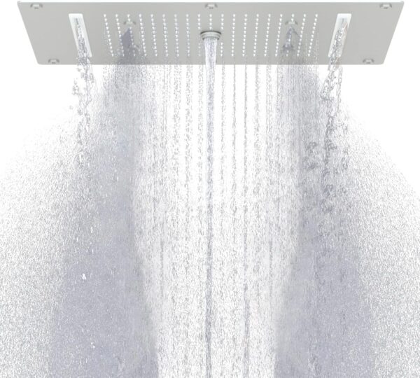 Brushed Nickel 4 Functions Rain Shower Head, 14.96 x 27.56inch Rainfall Overhead includes Mist, Waterfall, Rain and Water Column Models, Rectangle Rainfall Shower Head Ceiling Mount for Bathroom