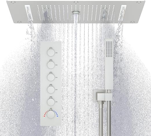 HOMEDEC Multi Functions Shower System with High-Pressure Handheld Combo Set, Luxury 14.96 X 27.56inch Rainfall Mist Shower Faucet Set Complete with 5 Ways Thermostatic Shower Valve Kit, Brushed Nickel
