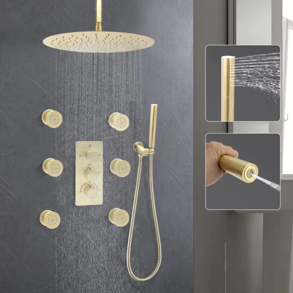 Brushed Gold Rain Shower System with Body Jets 16 inch Round Rain Shower Body Spray Jets System Ceiling Mounted Thermostatic