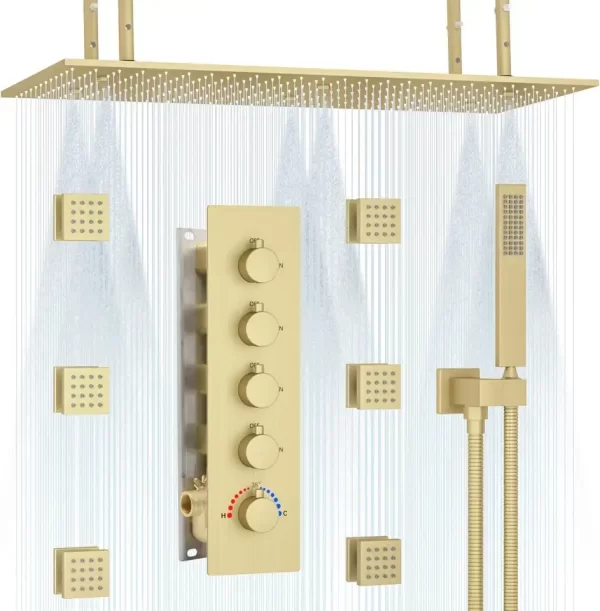Super Large Brushed Gold Large Thermostatic Bathroom Shower System Set with 15.7 X 31.5 inch Dual Functions Ceiling Shower Head
