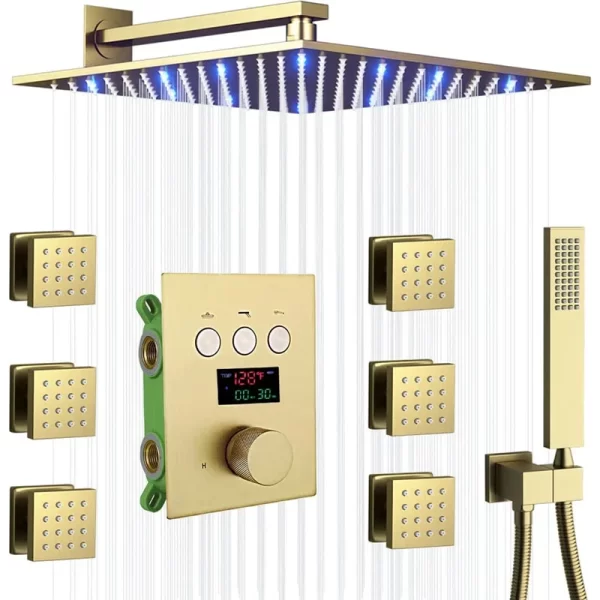 luxury Brushed Gold Digital Temperature LED Display conceald mounted cupc Bathroom Rainfall Shower System set