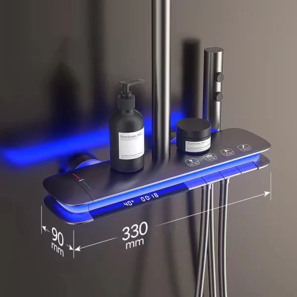 2023 New Design Copper Exposed Shower Mixer faucet LED Bathroom Thermostatic Shower Valve piano rain shower system set