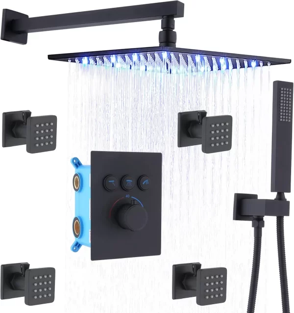 12'' LED Shower Jets System Wall Mount Matte Black Rain Shower System with Body Sprays Bathroom Thermostatic Shower Faucet Set