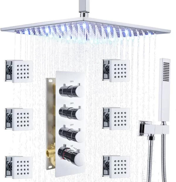 Bathroom Luxury 16 Inch LED Rain Shower Mixer Combo Set  Ceiling Mounted Shower Head System with Body Spray,  Rough-in Valve