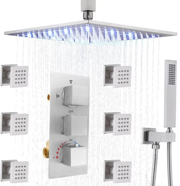 Rain Shower Multi Jets System Thermostatic Full Body Spray Shower Set Brushed Nickel 12 inch LED Rainfall Shower Faucet