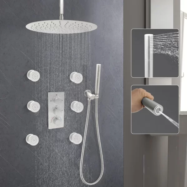 Brushed Nickel Round Rain Shower System with Body Jets 16 inch Rain Shower Full Body Spray System with Dual-function Hand