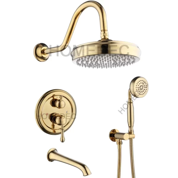 Shiny gold luxury shower set with bathtub spout two function rainfall shower set