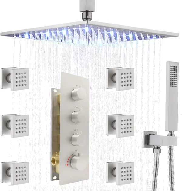 Luxury LED Rainfall 16 inch Shower Head System Brushed Nickel with Body Spray Brass Faucet Combo Set Large Flow