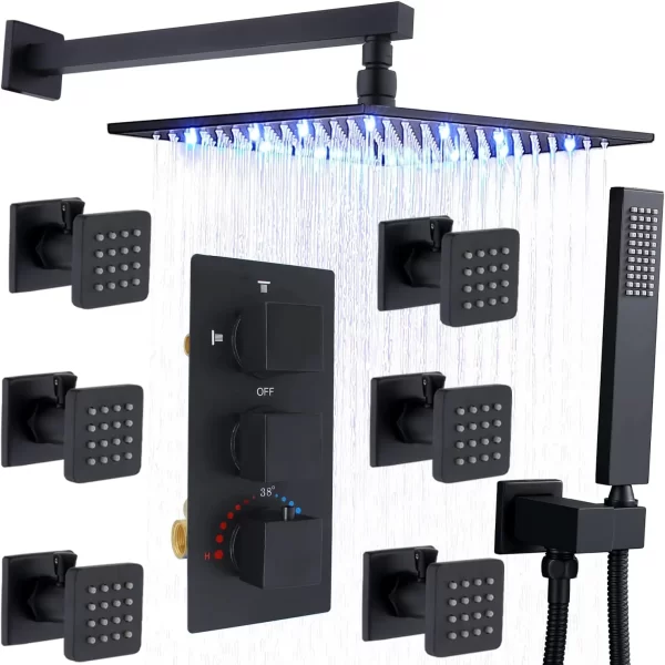 Matte Black 12 inch LED Rain Shower Jet System Body Jet Spray with ON-OFF Switch Thermostatic Shower Faucets Sets