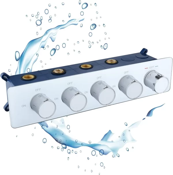 4 Way Shower Diverter Thermostatic Valve Brass Construction with Tempered Glass Panel 5 Handle Multi Function Shower Valve