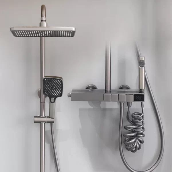 Wall mounted bathroom brass Gun grey piano key thermostatic digital display shower sets faucet mixer taps
