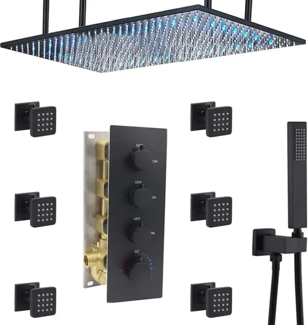 20x40 inch  Black Thermostatic Shower System LED Rain Shower head Body Jets  Flow Adjustable  Handheld Combo brass shower set