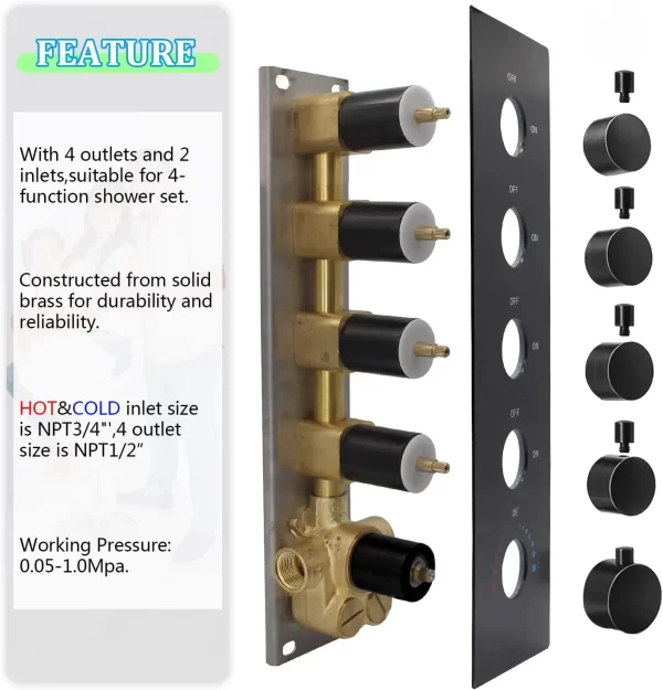 Matte Black 4-Function Shower Diverter Valve Thermostatic Brass Mixer Mixing Shower Valve Can Use All Options At a Time